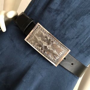 Vintage leather belt + etched metal ornate buckle